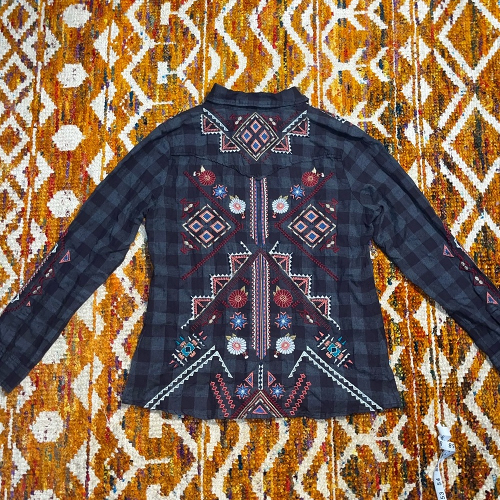 JOHNNY WAS 3J Workshop Womens Plaid Boho Aztec Embroidered Flannel